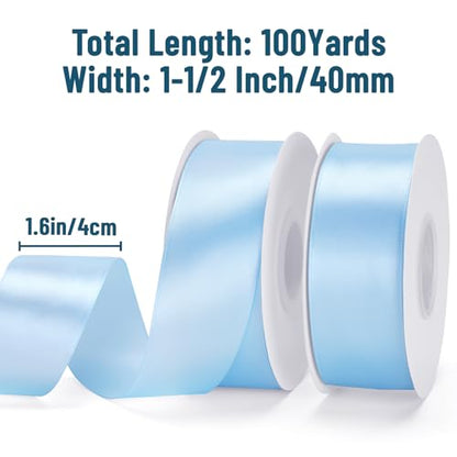 KINGLAKE Light Blue Satin Ribbon - 1-1/2'' x 100 Yards for Gift Wrapping - color: Light Blue, size: 1 1/2 Inch x 100 Yards