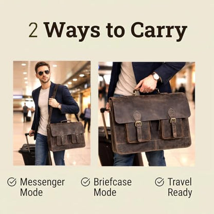 cuero Retro Brown Laptop Messenger Bag Office Briefcase Crossbody Travel Bag For Men And Women Bag Office Laptop Bag - size: 15 inch