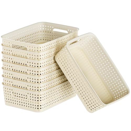 FUCDTEFC White Plastic Basket, 8 Pack Home Organization and Storage Baskets with Handles, Space Saving Woven Organizer Bins Plastic Storage Basket for Organizing Cabinets,Closets, Shelves, Countertops - color: 8 Pack Large White