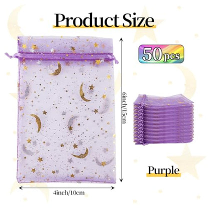 Moon Star Organza Bags 4x6 Small Mesh Bag Drawstring 50 Pcs Mesh Gift Bags Drawstring Pouch Wedding Favor Bags Jewelry Pouches Bulk Gift Pouch for Candy Soaps Birthday Festival Party Supplies, Purple - color: Purple