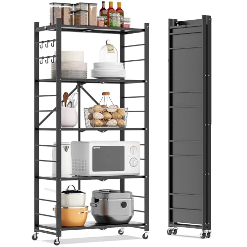 Fenbeli 5-Tier Folding Metal Storage Shelves with Wheels, 750 lb Capacity - color: Black-a, size: 5 Tier