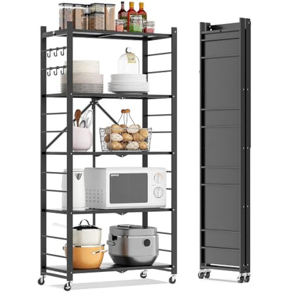 Fenbeli 5-Tier Folding Metal Storage Shelves with Wheels, 750 lb Capacity - color: Black-a, size: 5 Tier