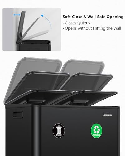 Dual Trash and Recycling Bins for Kitchen, 2×13 Gallon (2× 50L) Stainless Steel Trash and Recycle Bin Combo with Soft-Close Lid, Large Garbage Cans for Kitchen Home with 2 Magnets Sticker, Black - color: Black