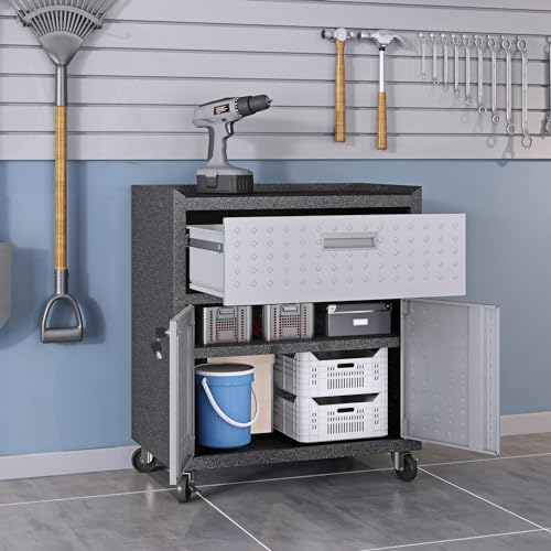 Manhattan Comfort Fortress Textured Metal 31.5" Garage Mobile Cabinet with 1 Full Extension Drawer and 2 Adjustable Shelves, Black/Gray - color: Black/Grey, style: Storage Cabinet