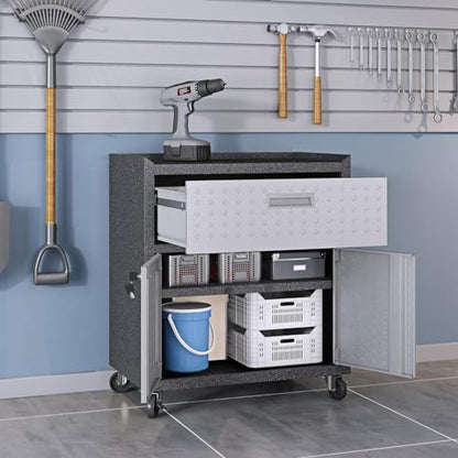 Manhattan Comfort Fortress Textured Metal 31.5" Garage Mobile Cabinet with 1 Full Extension Drawer and 2 Adjustable Shelves, Black/Gray - color: Black/Grey, style: Storage Cabinet