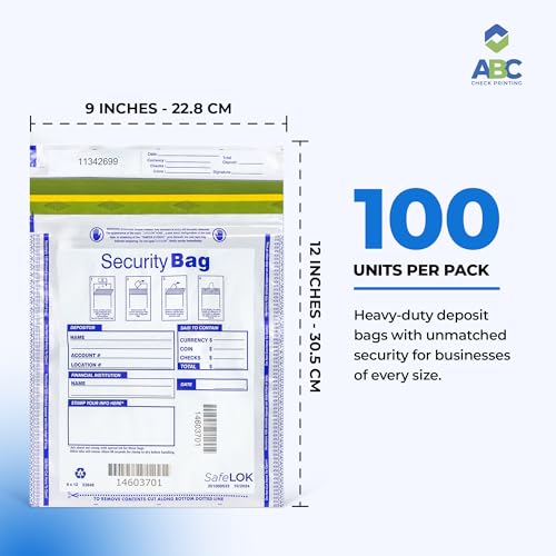 Opaque Bank Deposit Bags | Tamper-Evident Cash Deposit Bag for Cash & Valuables | Tear-Off Receipt | Heavy-Duty 9" x 12" | 100 pcs | ABC Check Printing - style: Opaque