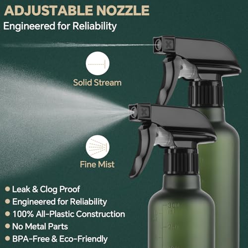 Leakproof Spray Bottles (2 Pack 10 oz), Adjustable Fine Mist & Jet Stream Nozzle, Premium BPA-Free Frosted Plastic Multi-Purpose for Hair, Plants, Cleaning (2 PACK FROSTED GREEN) - color: 2 PACK FROSTED GREEN