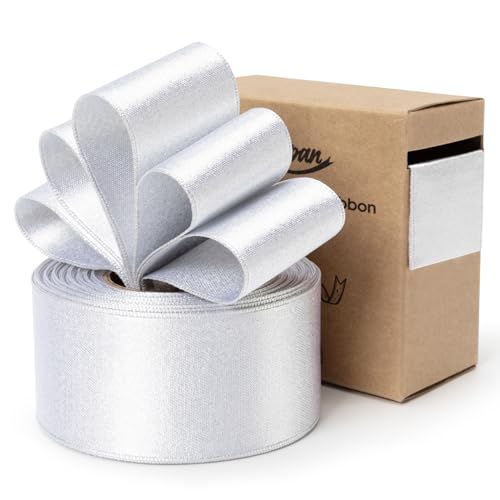 Keypan White Satin Ribbon Wired Silver Glitter 1-1/2 Inch x 10 Yards - color: Glitter White, size: 1-1/2"
