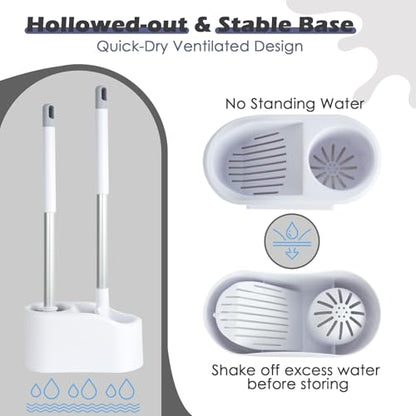 2-in-1 Toilet Brush and Holder Set with Flat Scrubber Brush,White,1Set