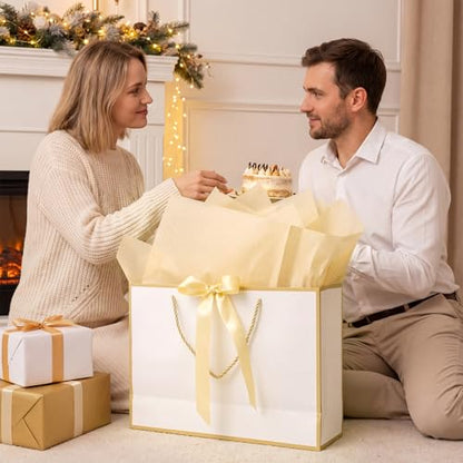 woric 2 Pcs White Gold Foil Gift Bags, 14" Medium Wedding Gift Bag - color: White with Gold Edge