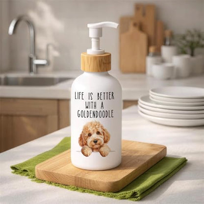 Goldendoodle Dog Glass Soap Dispenser with Pump - color: Goldendoodle