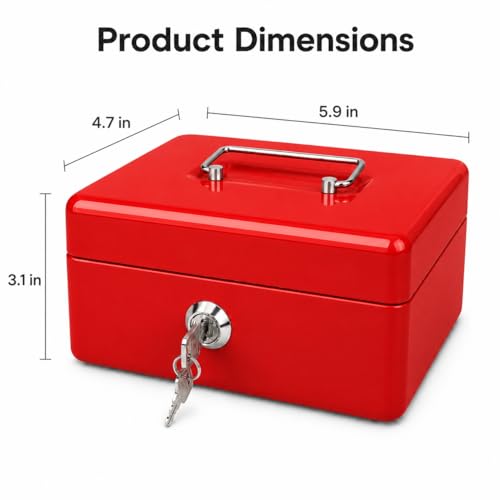 Steel Cash Box with Key Lock, Metal Small Money Organizer with Money Tray,Cash Storage Box with Lockable Cover (Red - 6 inch) - color: Red - 5.9" x 3.1" x 4.7"