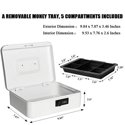 Jssmst Cash Box with Combination Lock - Durable Metal Cash Box with Money Tray, Large, White - color: White, size: Large