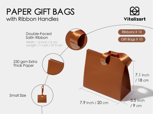 Vitalizart Paper Gift Bags With Ribbon Handles Small Brown Bulk Pack - color: Brown, size: Small Size/10pcs