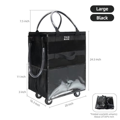 Reusable Grocery Bag with Wheels, Large Black Rolling Tote - color: Black, size: Large