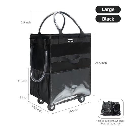 Reusable Grocery Bag with Wheels, Large Black Rolling Tote - color: Black, size: Large