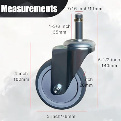 3 Inch Caster Wheels, 7/16 Inch x 1-3/8 Inch Stem Casters Set of 4, Heavy Duty Swivel Wheel No Brake, Thermoplastic Rubber, for Workbench Trolley, Furniture Dolly - style: 3 Inch without Brake