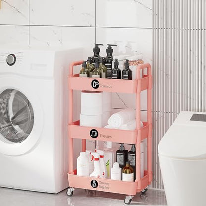 3 Tier Rolling Cart with Wheels, Utility Storage Carts,Pink - color: Pink, size: 3-Tier