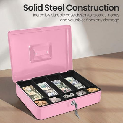 Flexzion Small Cash Box with Money Tray and Lock, 11.4-Inch, Pink - color: Pink