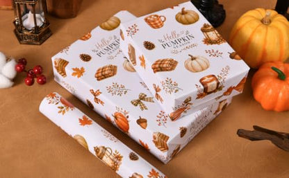 Sikiweiter Fall Pumpkin Wrapping Paper Roll, 17 Inches x 16.5 Feet, Autumn Pumpkin Plaid Bow Maple Leaf Cozy Gift Wrap for Thanksgiving and Fall Harvest(Autumn) - color: Autumn