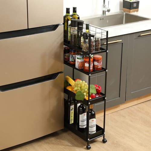 KINGRACK 4 Tier Slim Rolling Cart, Metal Utility Storage Cart with Wheels - color: Black, size: 4-Tier