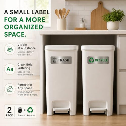 GRITKULTURE Premium Trash & Recycling Stickers for Bins – 2 Pack Metallic Look Printed Labels (Not Real Metal) – Clear Waste Sorting Decals for Kitchen, Office & Garage – Waterproof Vinyl, Easy Peel & Removable(1)