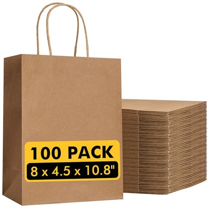 RACETOP 100 Pack Brown Kraft Gift Paper Bags with Handles 8x4.5x10.8 in - color: Brown 8x4.5x10.8, size: 1 Count (Pack of 100)