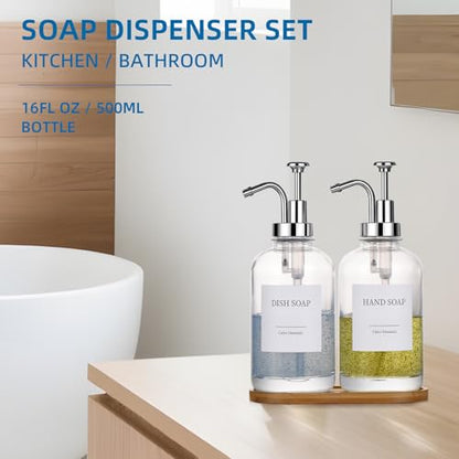 Glass Soap Dispenser with Pump, Dish and Hand Soap Dispenser for Kitchen Bathroom Set, Clear Glass Dispenser Set of 2 Pack with 18 Stickers Funnel Bamboo Tray 500ml 18oz / Each Bottle Sliver Pump - color: Glass+sliver Pump