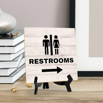 Restrooms Right 5"x 5" Square Table Sign With Acrylic Easel | General Office Notices & Business Table Signs - color: Restrooms Right