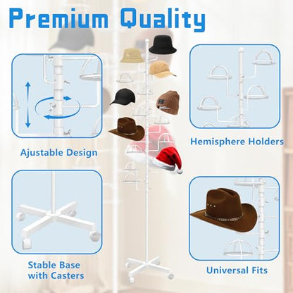 Montex Freestanding Hat Rack Stand, Wig Display Stand, Metal Hat Organizer Rack with 14 Customisable Circular Hooks, Hats Tree Stand Floor Standing Hat Display, White - color: White