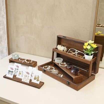 MOOCA 3-Tier Portable Wooden Jewelry Display Risers Carrying Case