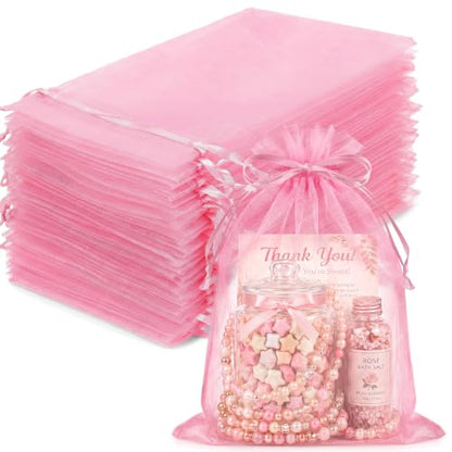 FUNFERY 100Pcs Pink Organza Bags 5x7 in,Small Mesh Drawstring Gift Bag - color: Classic Pink