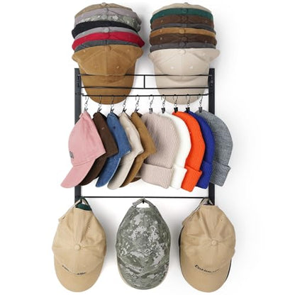 Hat Rack, Metal 3-Tier Wall Organizer Holds Up to 45 Caps with 10 Clips - color: Black-10 Clips 3-Tier