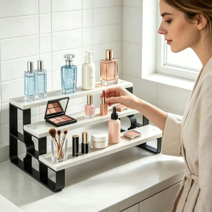 3 Tier Wooden Perfume Organizer, Makeup & Skincare Display Stand Bathroom - color: White, size: 3 Tiers-width=11.2"