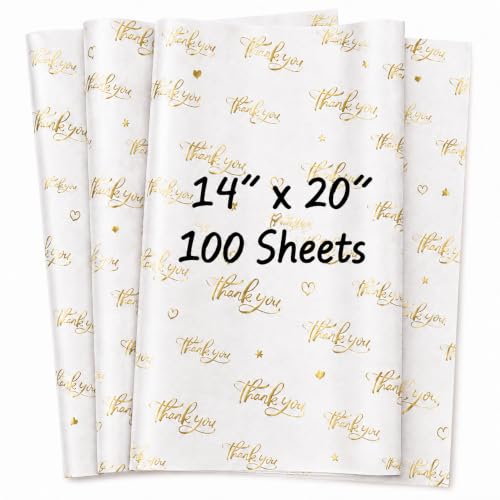 ROVIBIOBIO Thank You White Tissue Paper, 100 Sheets, 20 x 14 Inch - color: Gold White