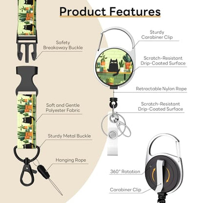 Retractable Badge Holder with Detachable Lanyard, Cat and Plant - color: Cat and Plant