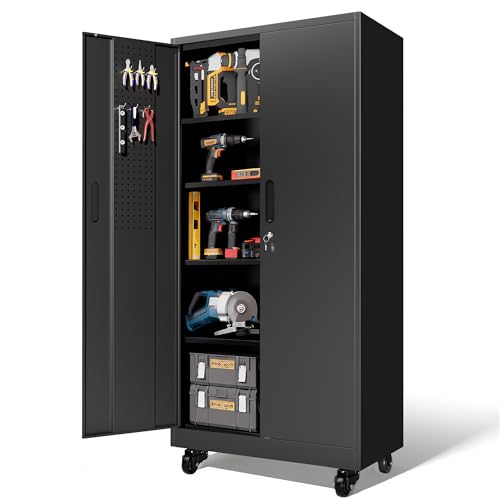 Metal Storage Cabinet for Garage, Tool Cabinet, Utility Cabinet - color: Black, size: L - 2 Pegboard Doors (Wheeled)