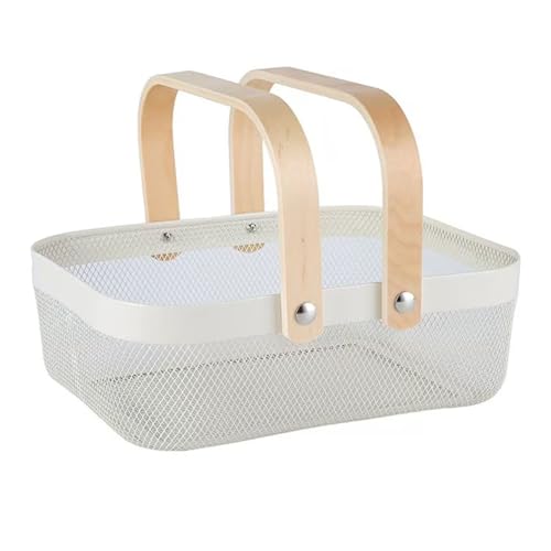 AJIODA Metal Mesh Steel Basket, Storage Organizer Basket Garden Harvest Basket Multi-functional Kitchen Fruit Baskets Bin with Wooden Handle for Bathroom Picnic Shopping Decor Cabinet Home, White - color: White