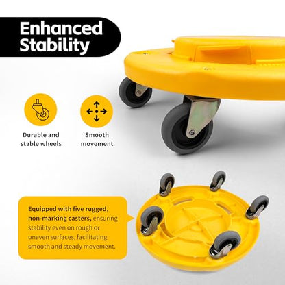 MaxWorks 18‑Inch Trash Can Dolly with 5 Swivel Casters High‑Visibility Yellow Rolling Base with Multi Size Compatibility for 20 to 55 Gallon Containers 250 lb Capacity Twist‑Lock Design (50933) - style: 20-55 Gal / 250lb capacity