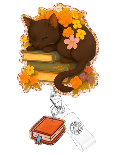 Plifal Badge Reel Holder Clip - Cute Book Cat Autumn Flower Retractable ID Name Card Badge Reel with Charm Alligator Clip, Office Nurse Nursing Medical Worker Student Accessories Gifts - color: Cat Book