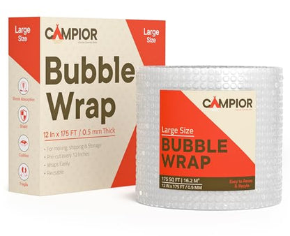 Bubble Wrap for Packing & Moving 1 Pack, 175 FT x 12” Bubble Cushioning Wrap with 3/16” Small Bubbles, Perforated Every 12” for Easy Tear, Lightweight Packing Wrap for Fragile Packaging & Mailing - size: Large