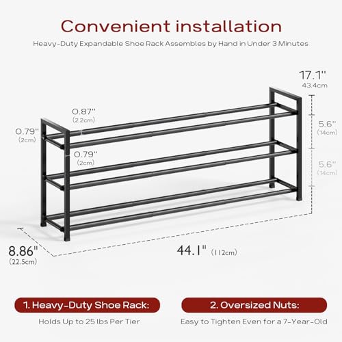 Bumusty 3 Tier Long Expandable Shoe Rack for Closet, Black - color: Black, size: 3-tier