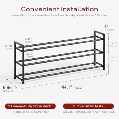 Bumusty 3 Tier Long Expandable Shoe Rack for Closet, Black - color: Black, size: 3-tier