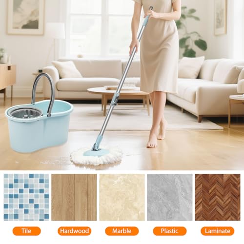 Mop Buckets for Floor Cleaning 360° Spin Wringer Separate Dirty Water with Replaceable Microfiber Mop Head Wet and Dry Suitable for Office and Home Use,Blue