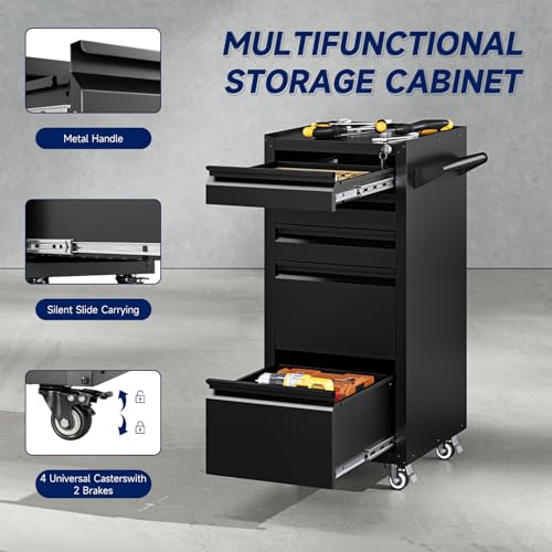 Yizosh 5-Drawer Metal Tool Storage Cabinet with Wheels,Rolling Tool Chest with Drawer and Locking Keys,Heavy Duty Tool Storage Organizer for Garage,Warehouse,Workshop