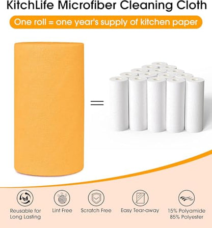 KitchLife Microfiber Cleaning Cloth Roll, 200 Pack - Tear-Away Microfiber Paper Towels, Lint-Free, Reusable, Washable for Kitchen, Car, Dishes, and Sensitive Surfaces (Tangerine Yellow) - color: Tangerine Yellow, size: 100 Pack x 2