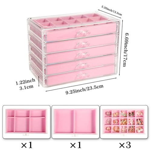 GUOER Earring Organizer, Acrylic Jewelry Box with 5 Drawers for Women, Pink - color: Pink