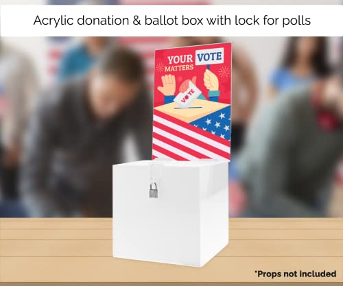 Acrylic Donation Box with Lock and Sign Holder White Acrylic Ballot Collection Bin 8" Locking Suggestion Fundraising Bar School Voting Countertop Piggy Bank by Marketing Holders - size: 8.25"W x 8.25"D x 20.5"H