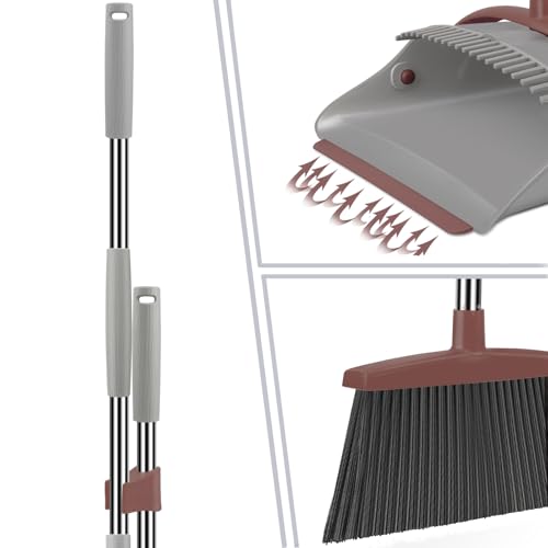 Ivandar Broom with Dustpan Combo Set, 50.6 inch Long Handle, Upright Standing Broom and Dustpan Set Quiet Cleaning Tool Sweep the Floor Dust pan Removes 4 Times More Pet Hair(Brown and Gray) - color: Brown&gray