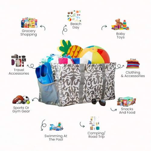 Extra Large Utility Tote Bag - Oversized Collapsible Beach Bag - Damask Gray - color: Damask Gray